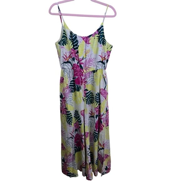 Nicole Miller Tropical Palm Leaf Linen Blend Wide Leg Jumpsuit Pockets Size L - Picture 1 of 7